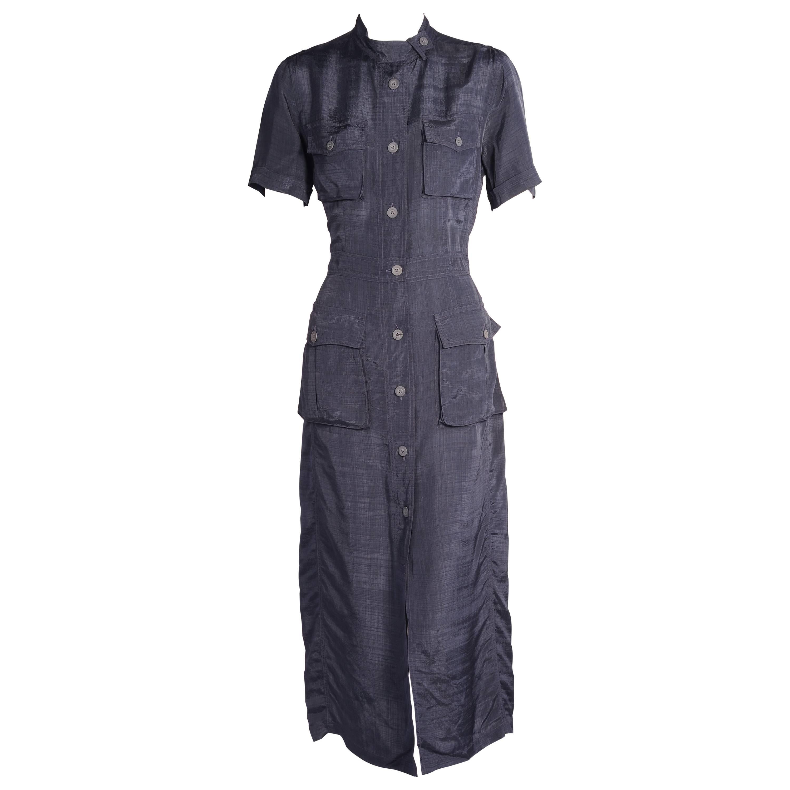 Dries Van Noten Navy Blue Button Front Dress For Sale