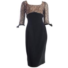 60s Travilla Black Illusion Lace Cocktail Dress with Ribbon Trim Size S Vintage 12