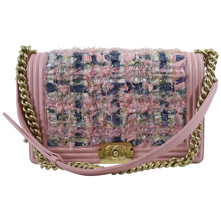 Chanel Pink Leather and Tweed Boy. Big size. Golden hardware at 1stDibs
