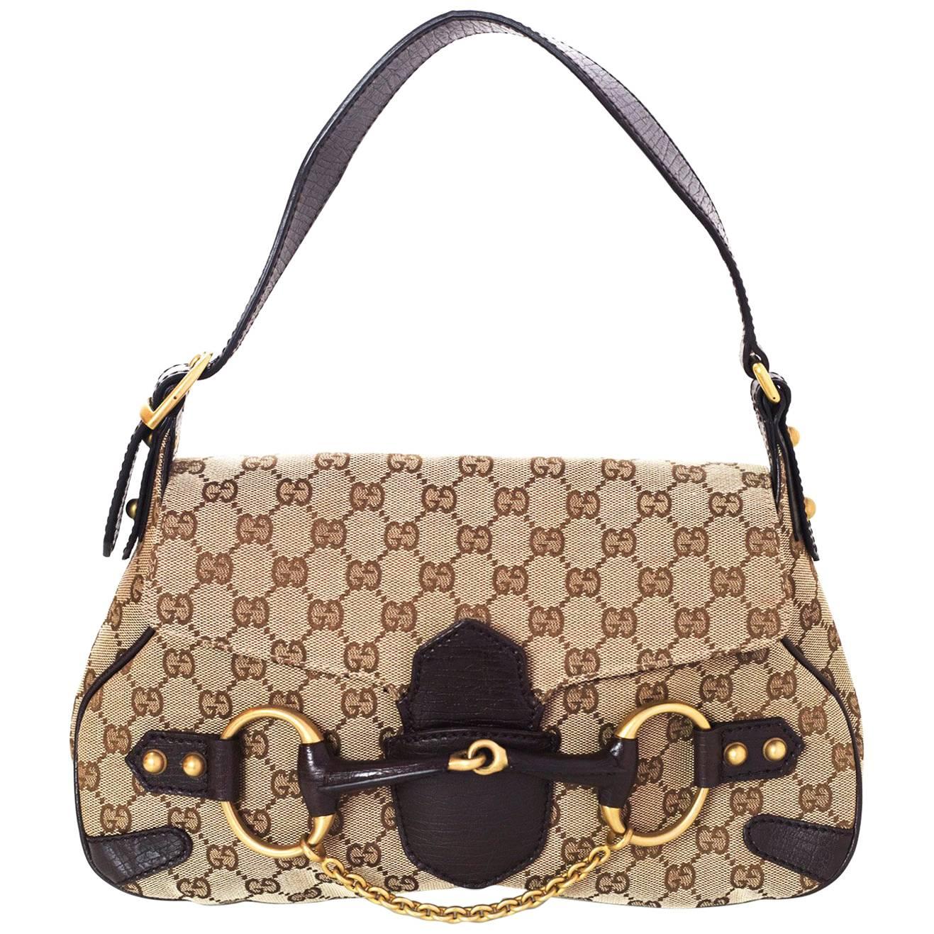 Gucci Brown Monogram Horsebit Flap Bag