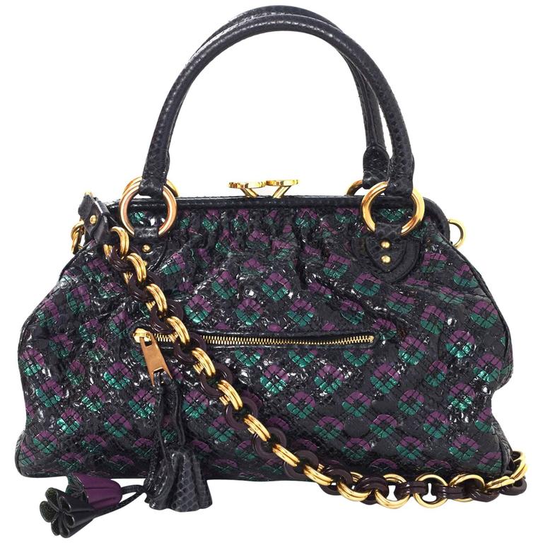Marc Jacobs Python and Woven Leather Stam Bag w/ Strap For Sale at
