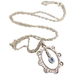 Victorian 9k Gold Seed Pearl Aquamarine Paste Pendant Necklace 9ct 375