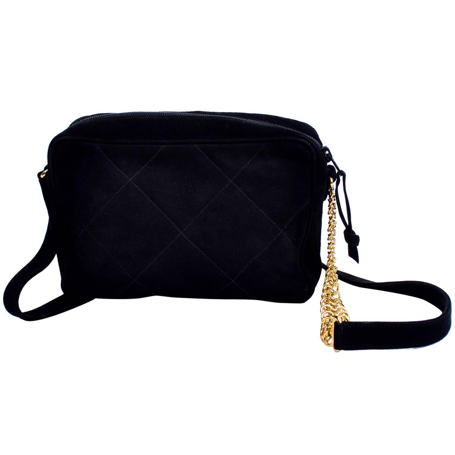 Aquascutum Black Suede Quilted Crossbody Handbag with Gold Chain Link ...