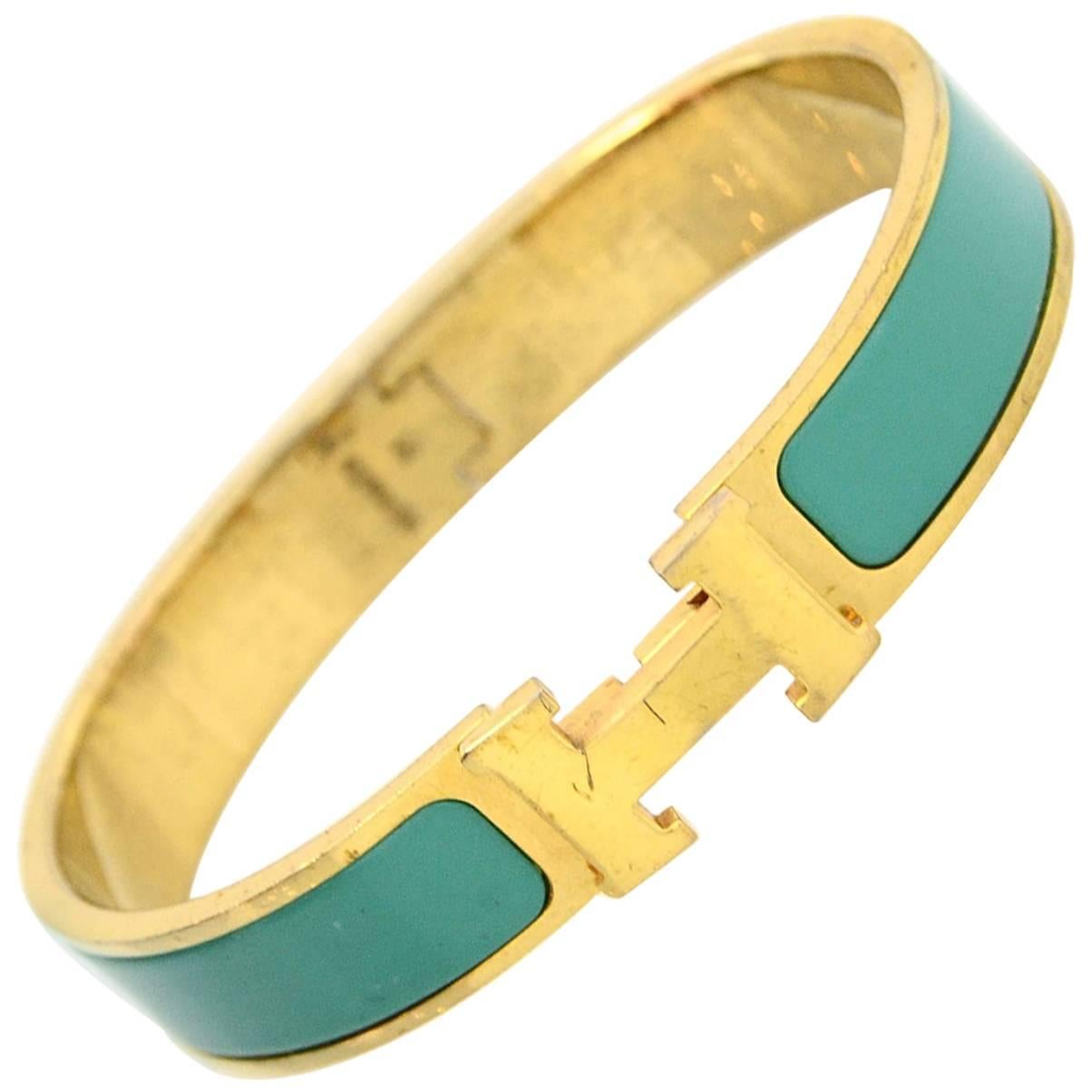 Hermes Turquoise & Gold Narrow H Clic Clac Bangle Bracelet GM