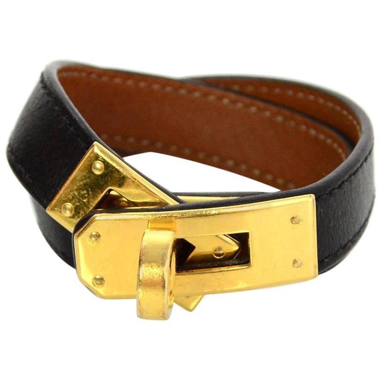 Hermes Black Leather and Goldtone Kelly Double Tour Wrap Bracelet sz XS ...