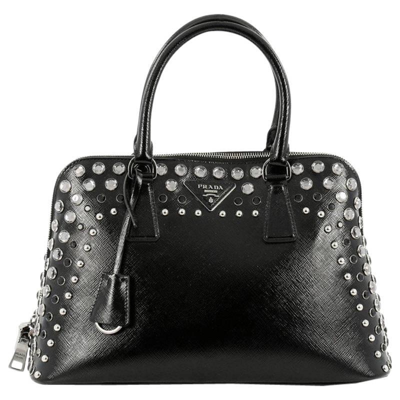 Prada Promenade Handbag Studded Vernice Saffiano Leather Medium
