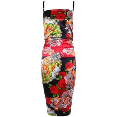 Dolce Gabbana Stretch Silk Dragon & Fan Print Dress