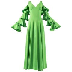 1970s British moss crepe green cold shoulder evening dress 6