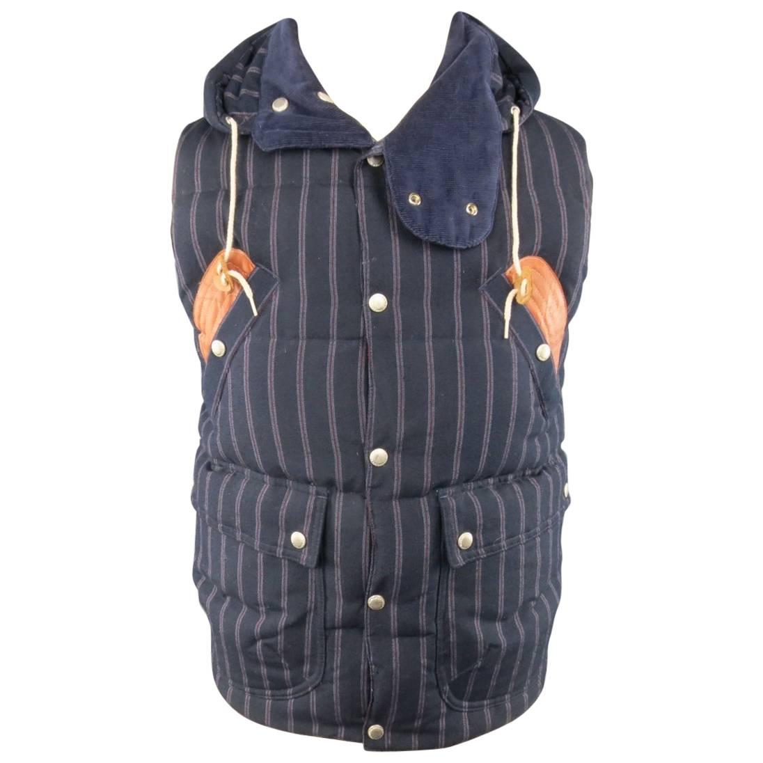Men's JUNYA WATANABE 40 Navy Striped Wool / Mohair Quilted Down Vest