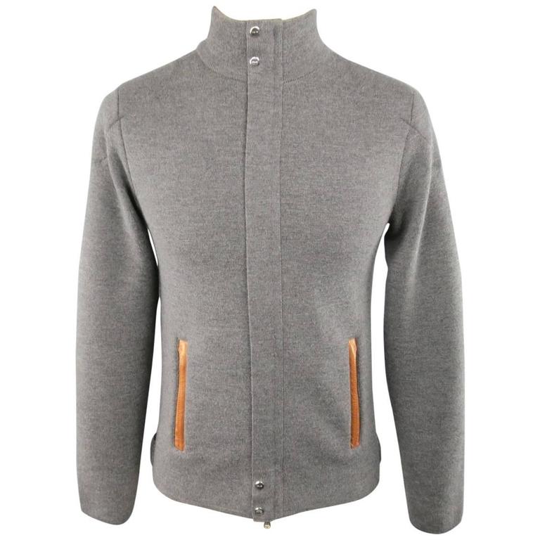RLX by RALPH LAUREN S Grey Knitted Merino Wool Tan Leather Jacket at ...