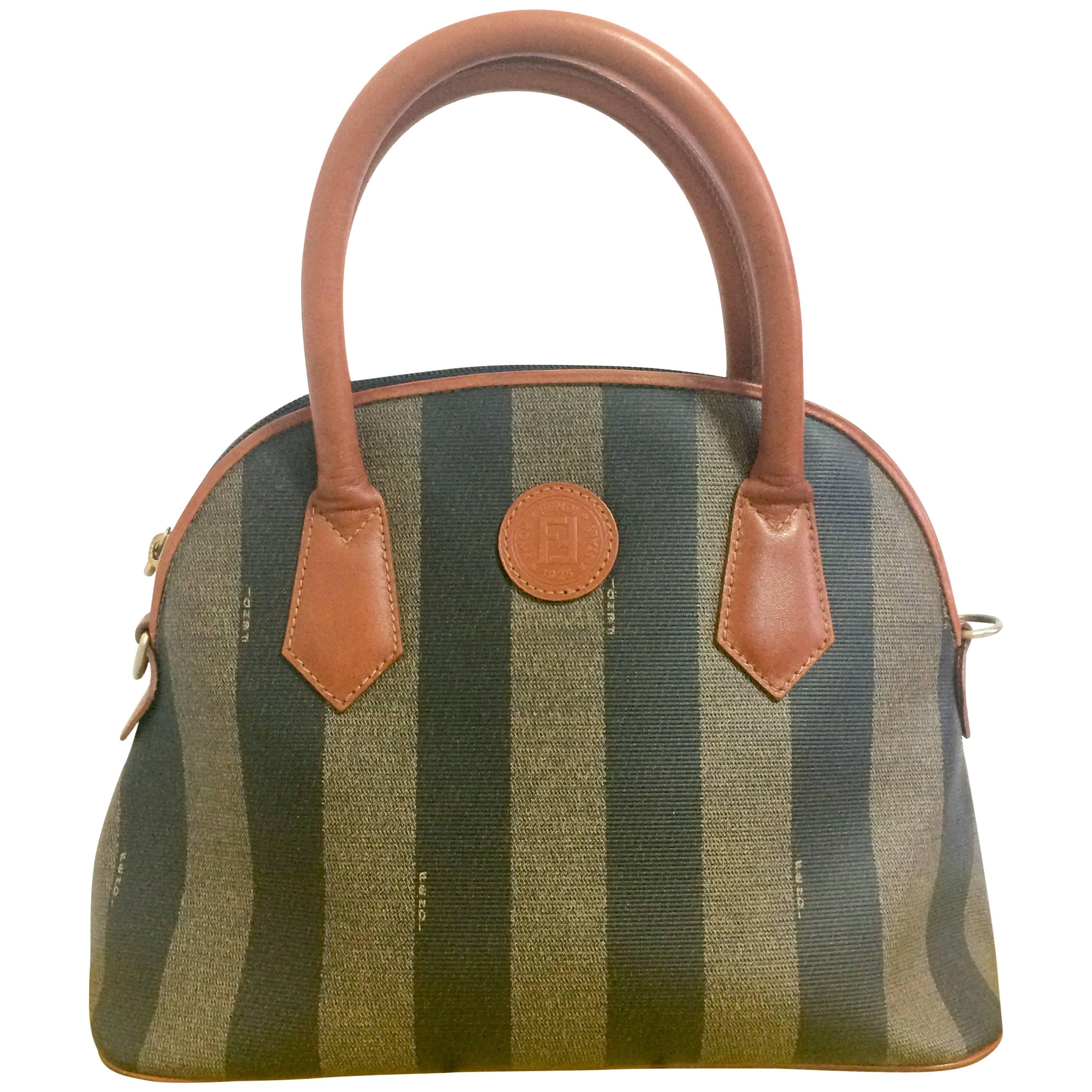 Vintage FENDI pecan khaki and gray stripe bolide bag with brown leather handles.