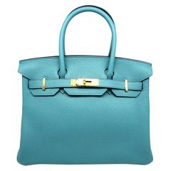 Hermes Birkin 30 Bleu Saint-Cyr Blue Clemence Leather GHW Top Handle Bag