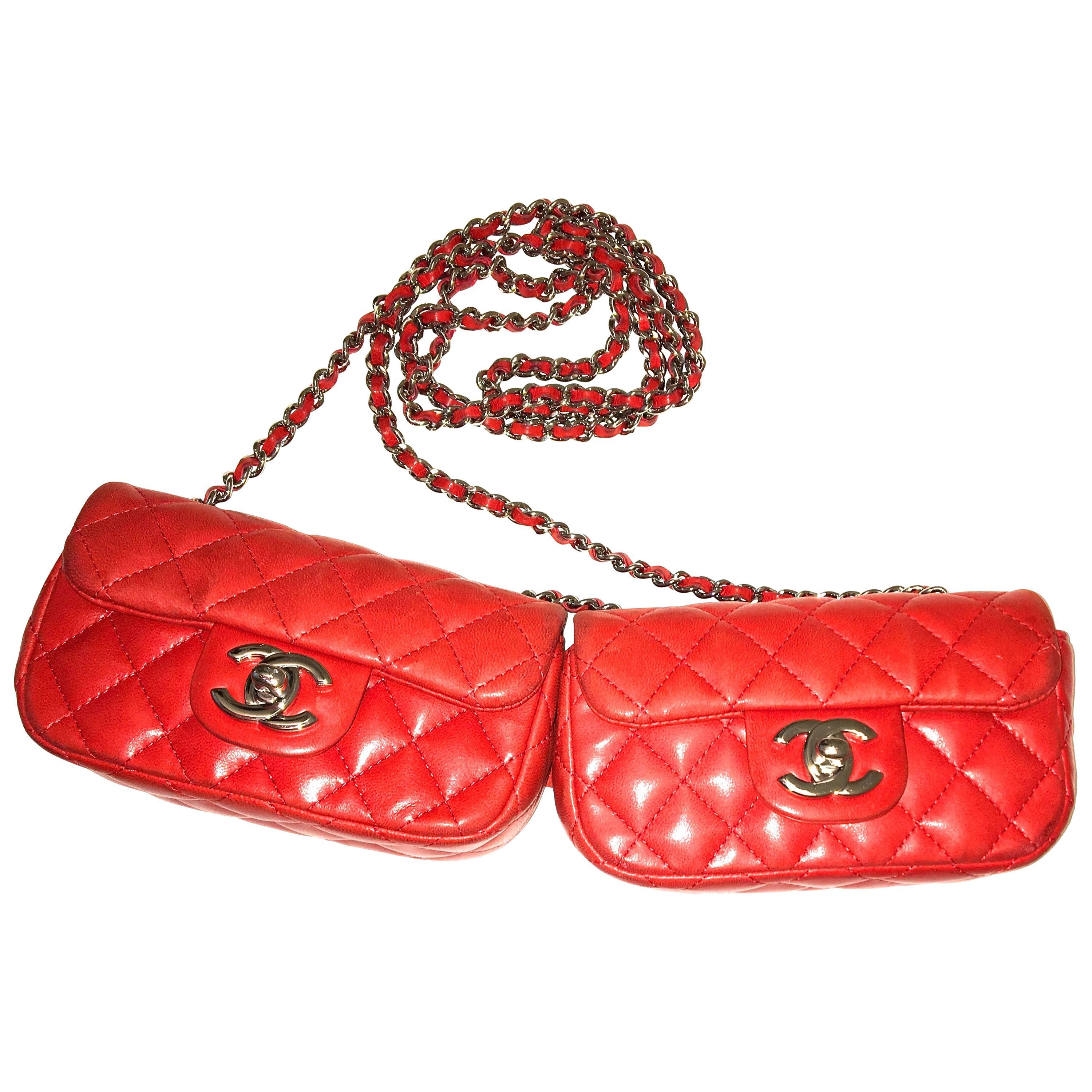 Chanel Twin Red Leather Double Mini Classic Crossbody Bag