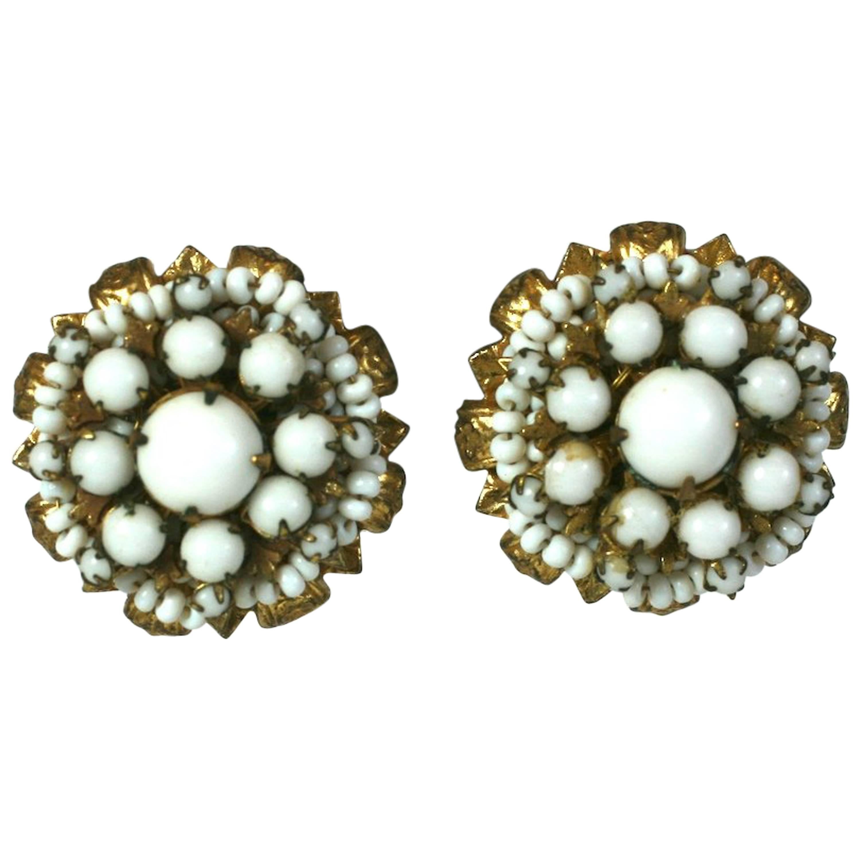 Miriam Haskell White Beaded Flowerhead Earclips