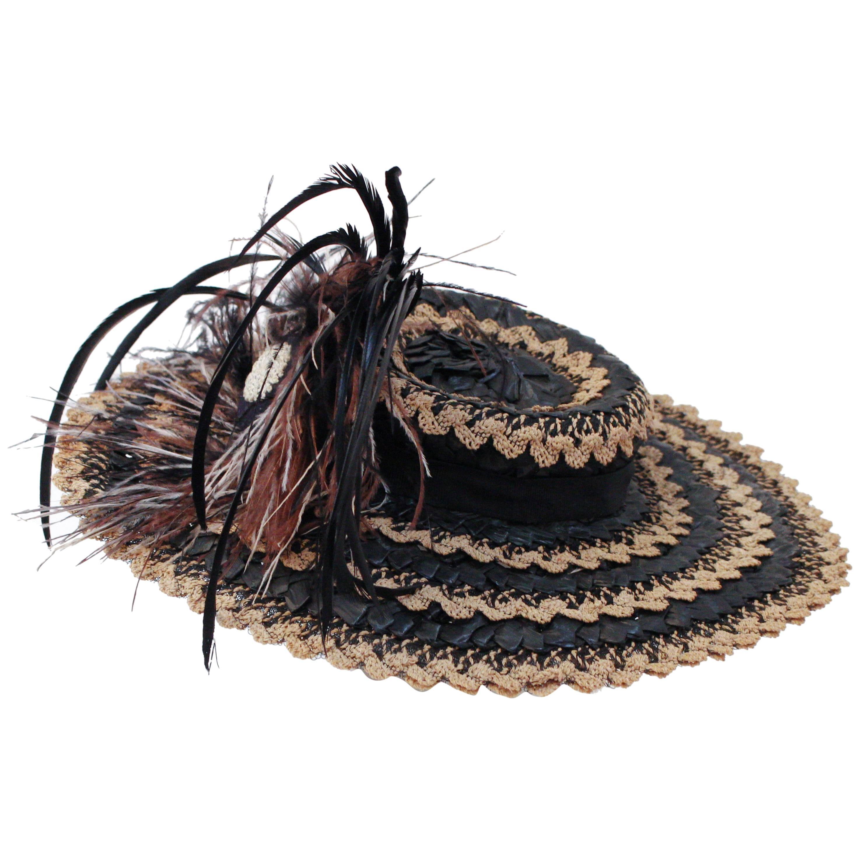 40s Straw Toy Hat w/ Feathers