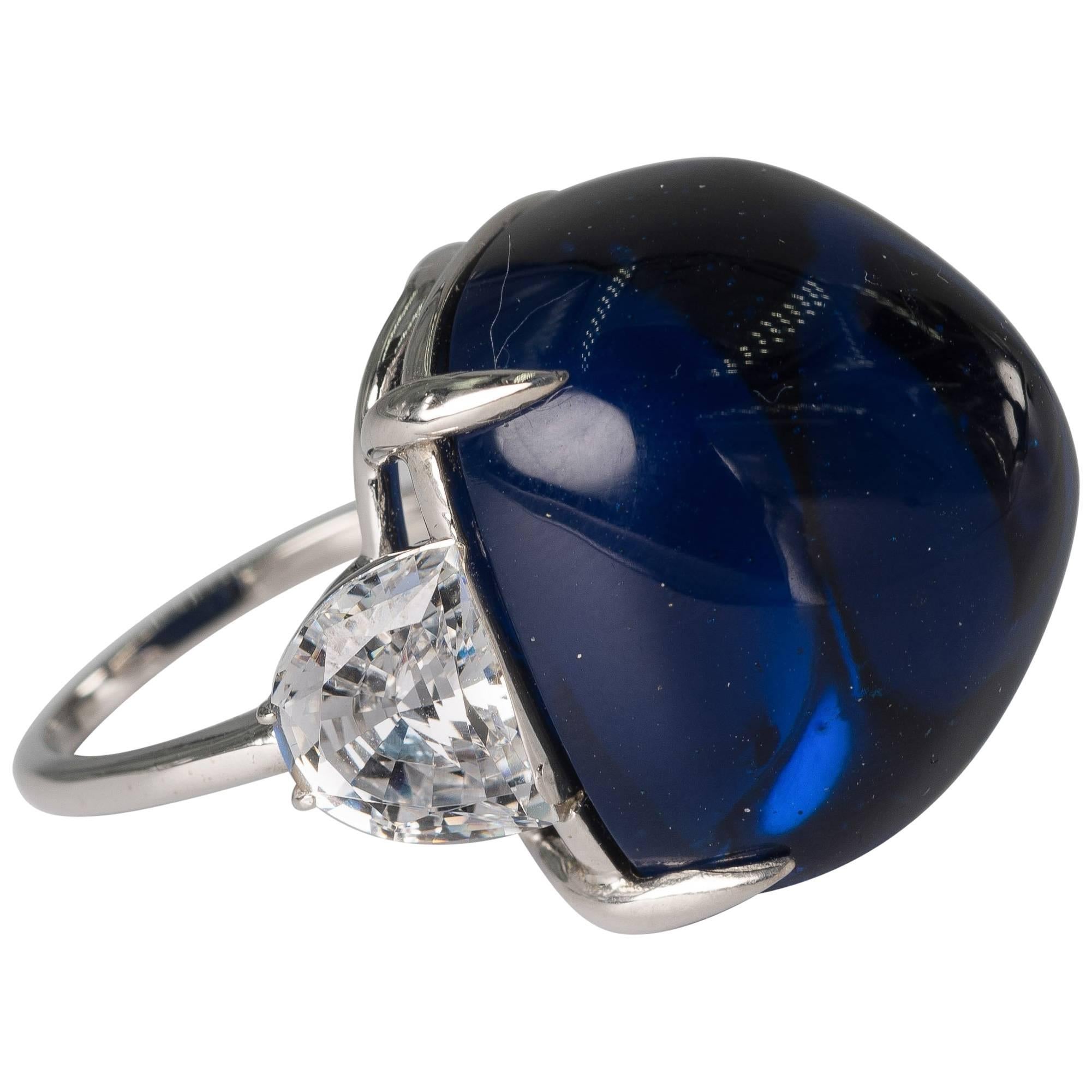 Exclusive  Synthetic Cabochon Royal Blue Sapphire CZ Diamond Ring