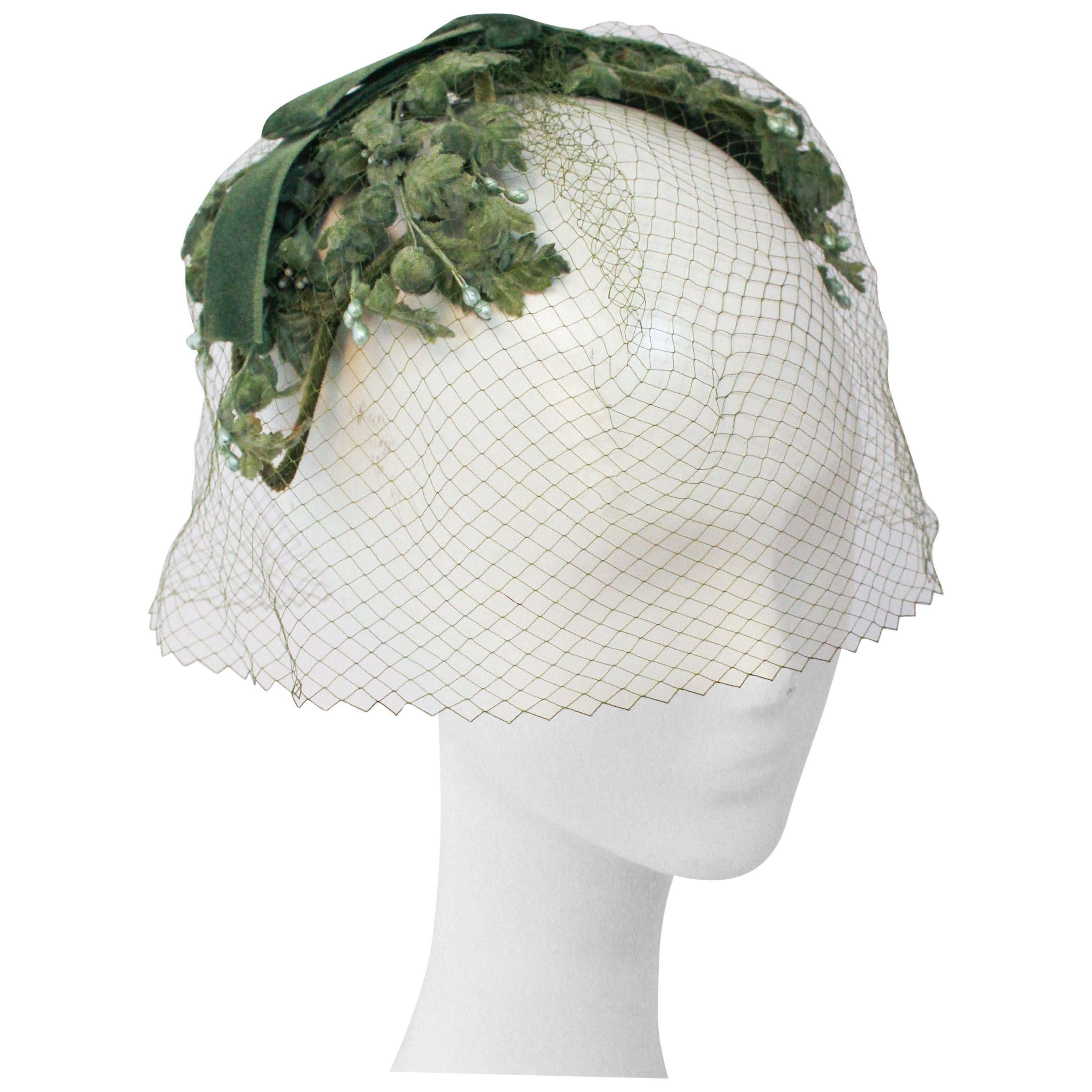 50s Green Floral Hat w/ Veil