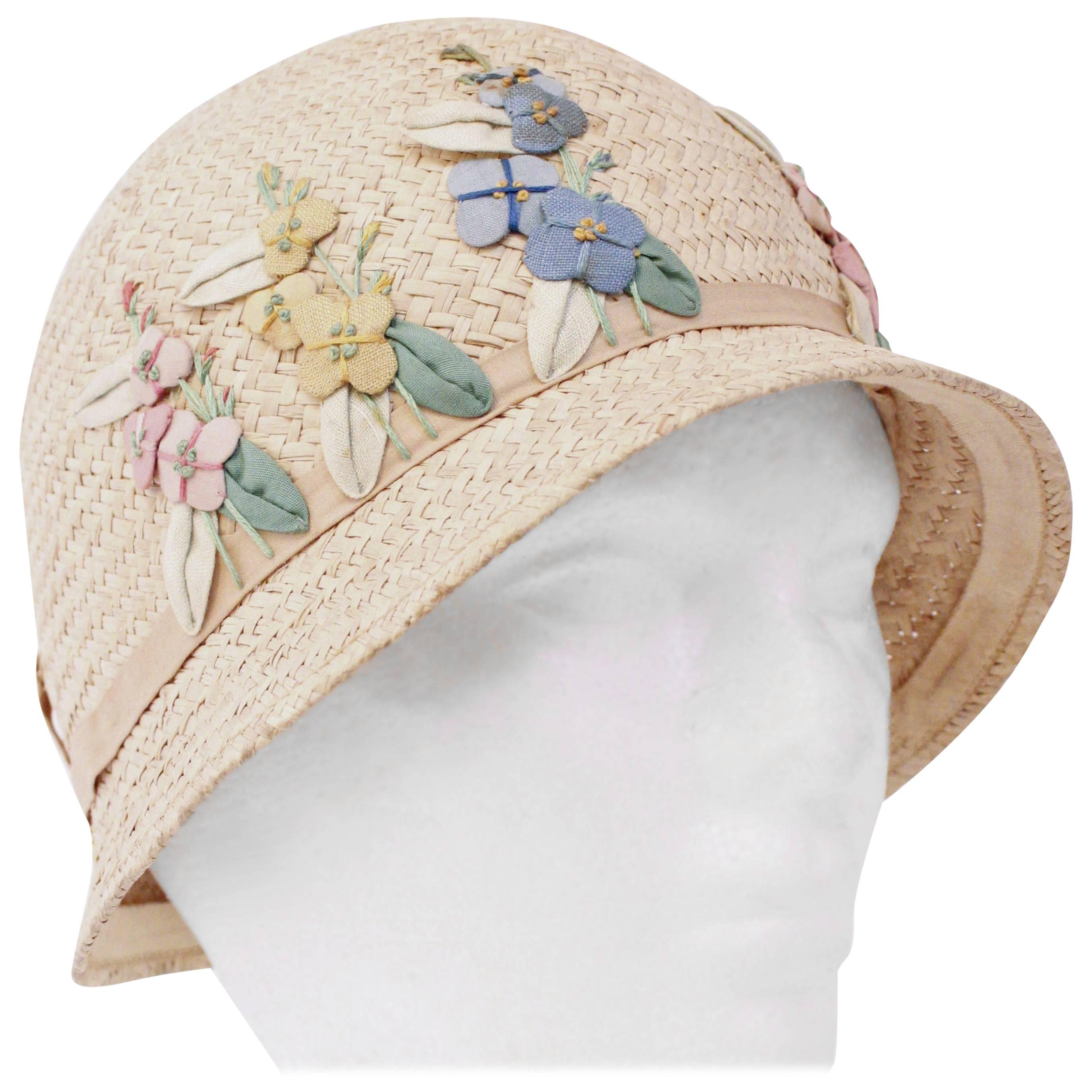 20s Child's Straw Embroidered Floral Cloche