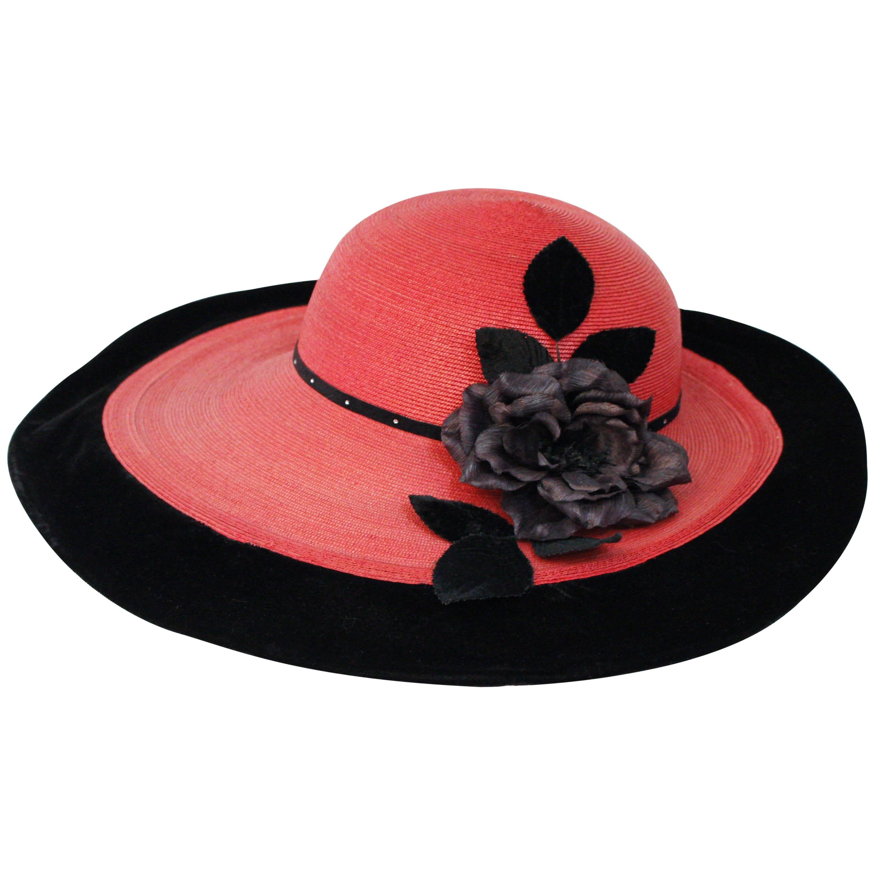 1950s Red Wide Brim Hat w/ Velvet Detail