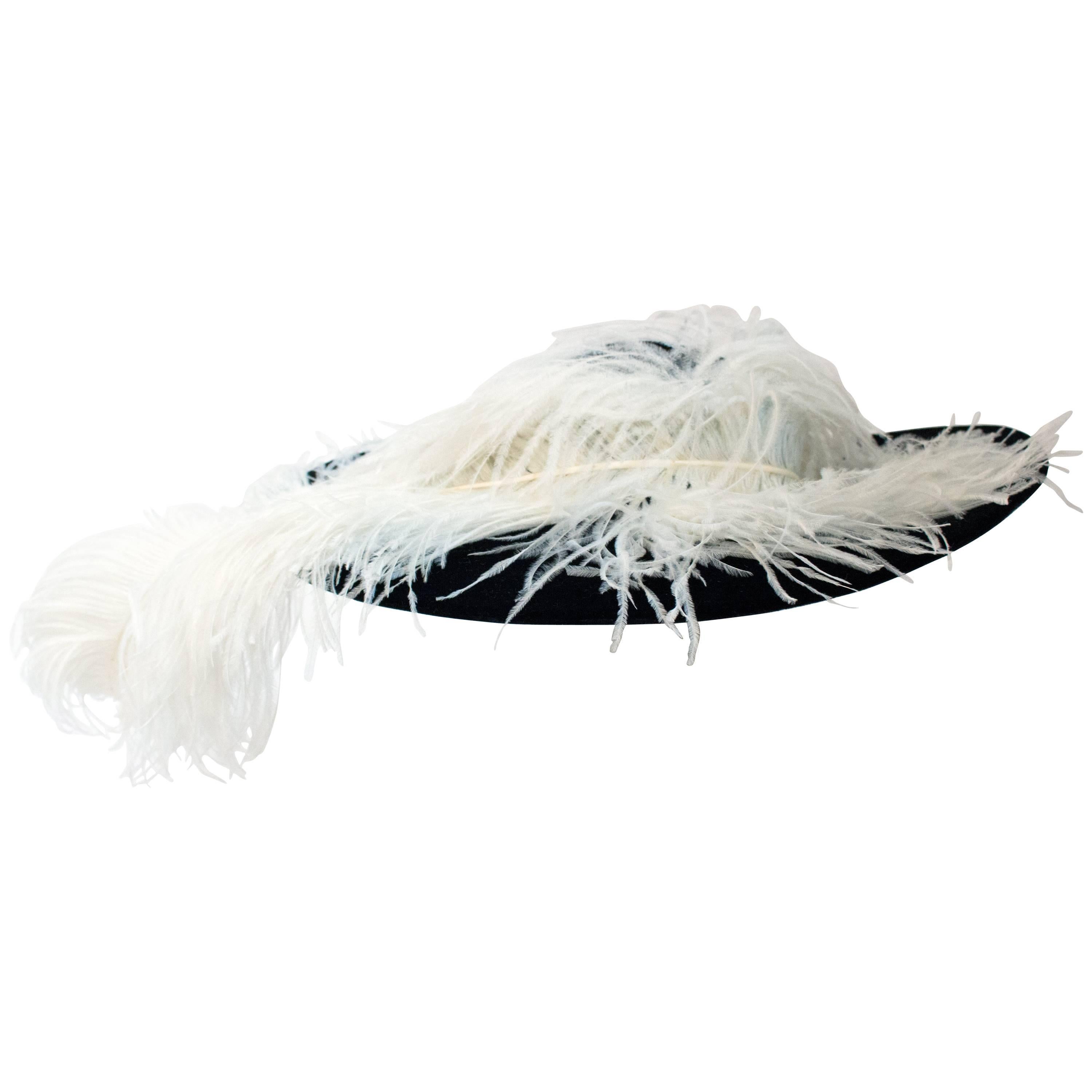 80s Adolfo for Saks 5th Black Velvet Picture Hat w/ Ostrich Plume For Sale