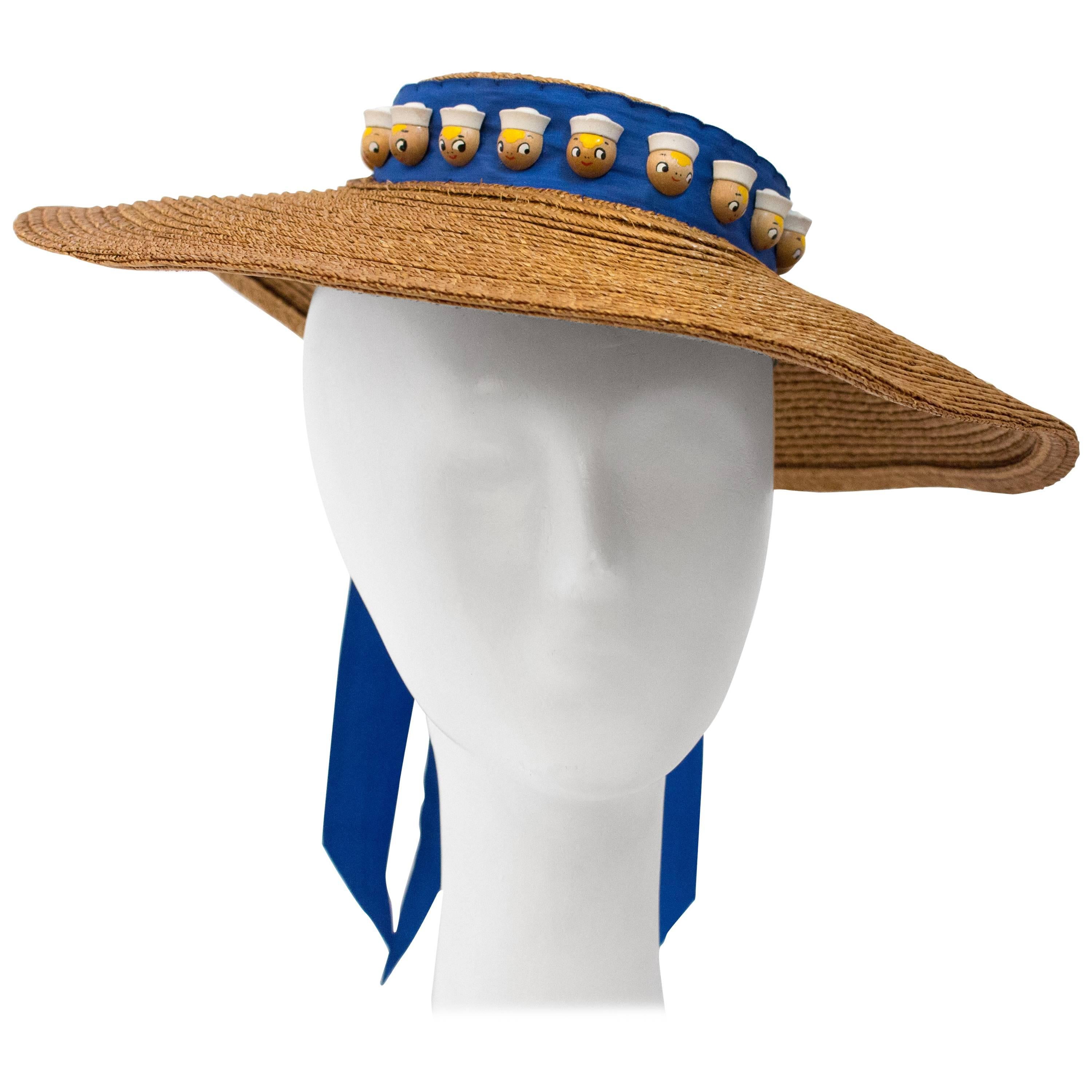 30s Wide Brim Hat w/ Wooden Sailor Button Detail