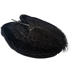 Antique 1910s Black Velvet Edwardian Hat with Ostrich Plume