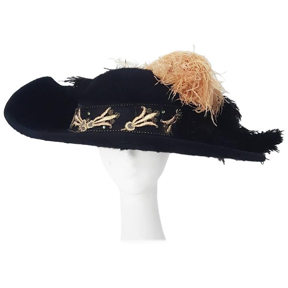1910s Edwardian Black Felt Hat w/ Pink Feathers & Trim