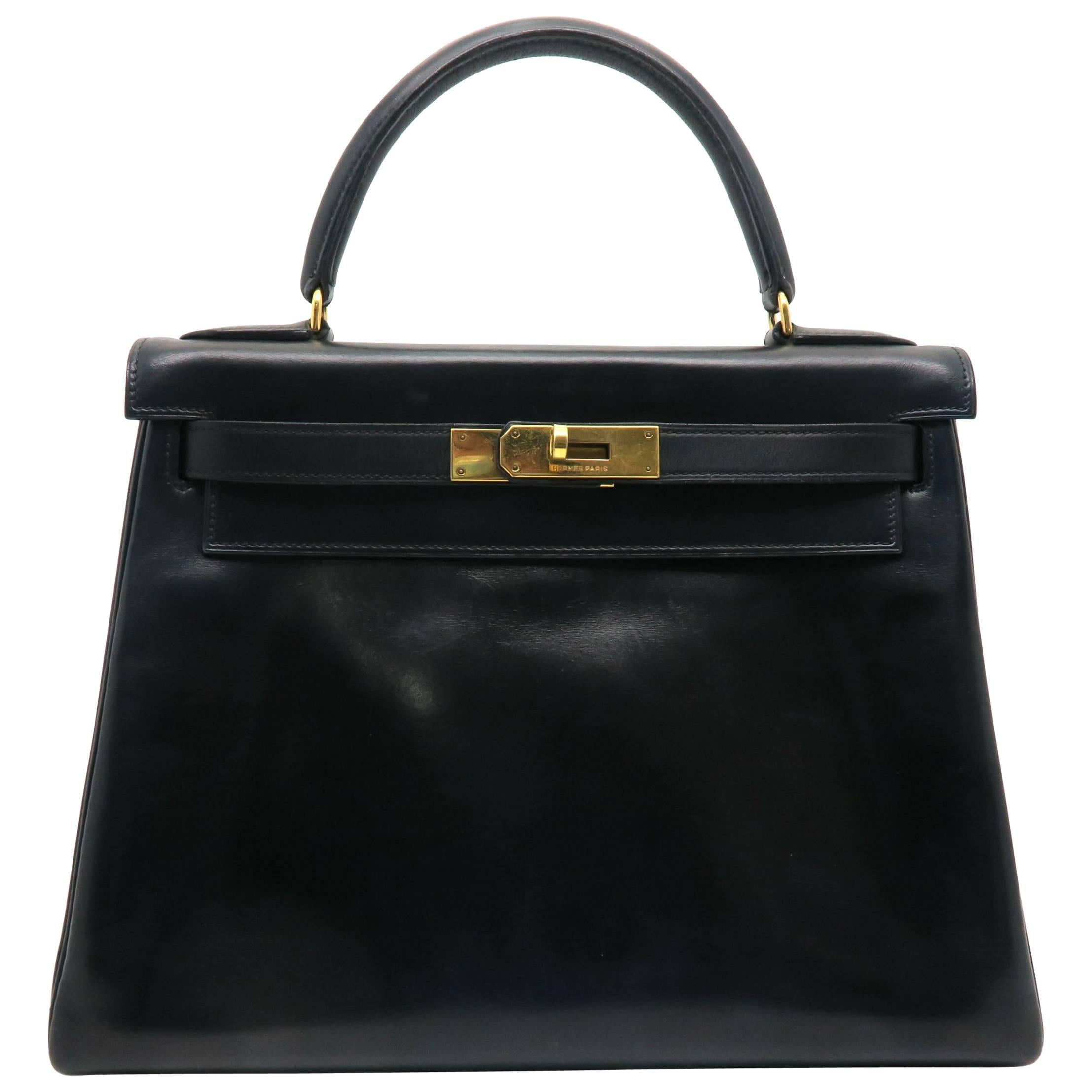 Hermes Kelly 32 Noir Black Box Calf Leather GHW Top Handle Bag For Sale