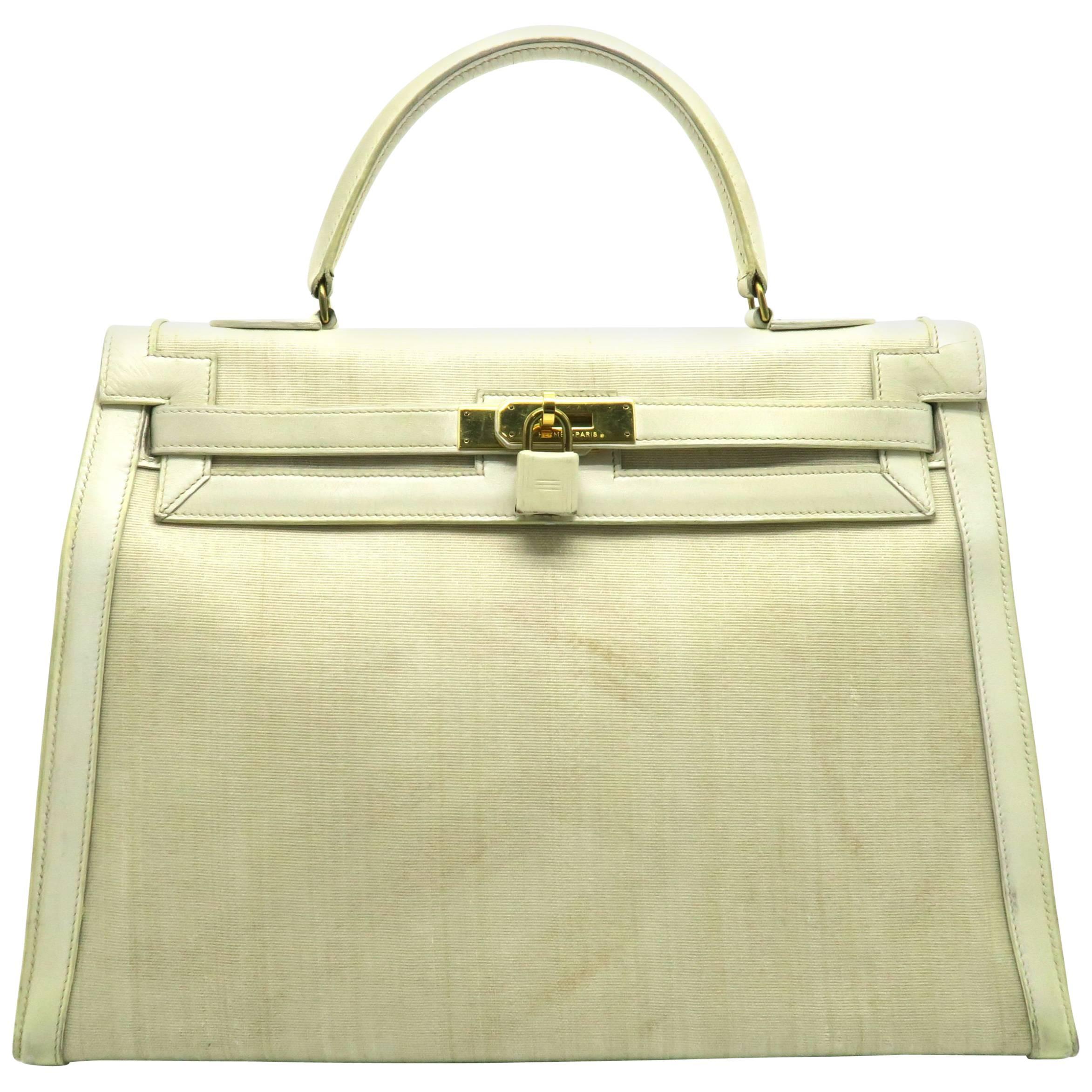 Hermes Kelly 35 Jaune Poussin Beige Box Calf Leather and Canvas Top Handle Bag For Sale