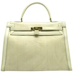 Retro Hermes Kelly 35 Jaune Poussin Beige Box Calf Leather and Canvas Top Handle Bag