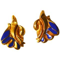 Line Vautrin Blue Enamel Gilt Earrings