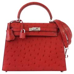 HERMES KELLY Sellier 25 Bag Ostrich Rare Rouge Vif Pink Topstitch Palladium 7