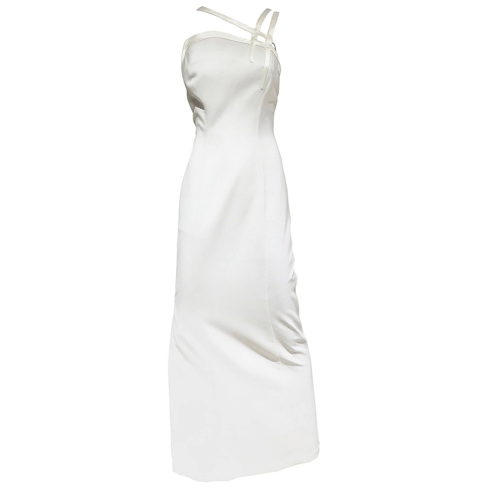 1990s  Vintage THIERRY MUGLER White Crepe Gown with Cut Out Shoulder 
