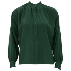 1980s Yves Saint Laurent/YSL Forest Green Silk Blouse 