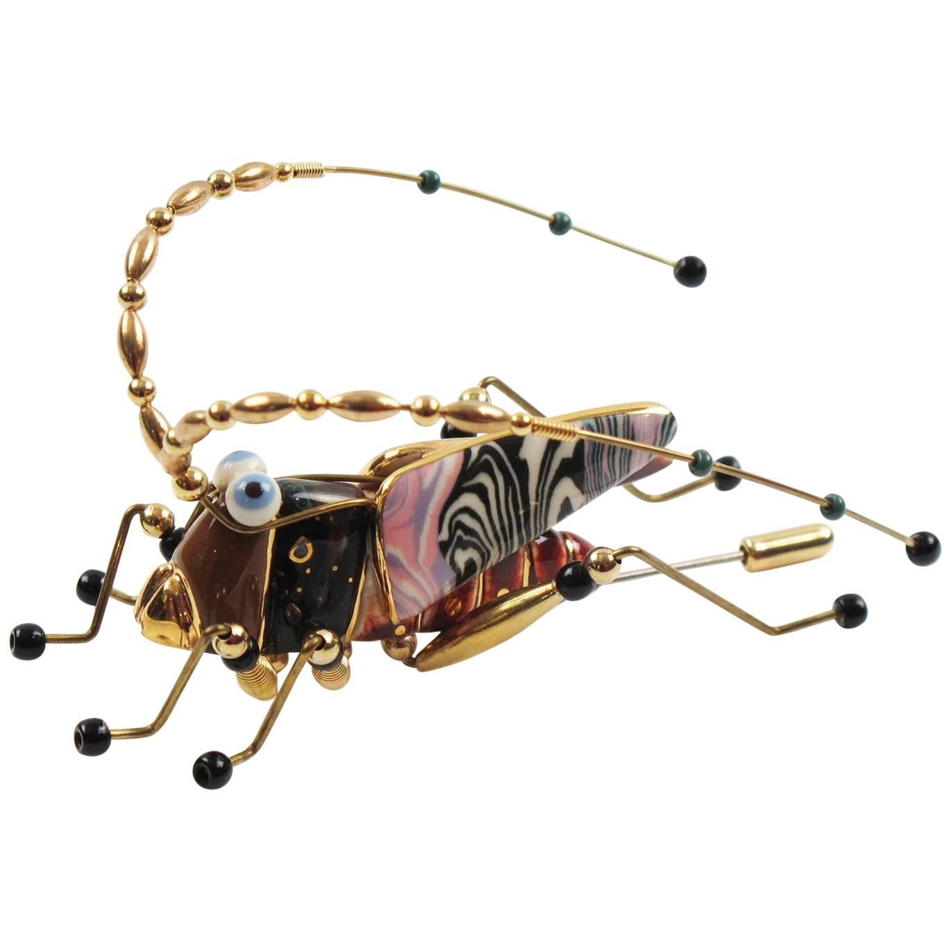 Enameled Porcelain Grasshopper Pin Brooch by Cynthia Chuang for Jewelry 10