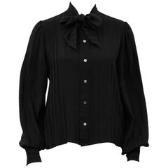 1980s Jean Halm Black Silk Pussybow Blouse 