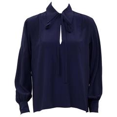 1980s Yves Saint Laurent/YSL Navy Blue Silk Blouse