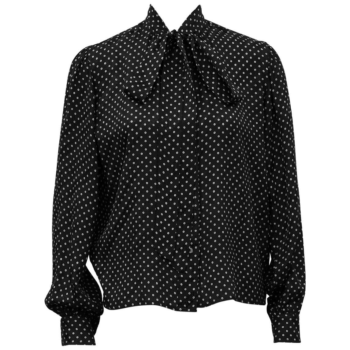 1980s Yves Saint Laurent/YSL Black and White Polka Dot Silk Shirt