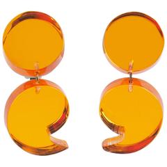 Oversized Neon Orange Lucite Dangle Clip Earrings by Harriet Bauknight for Kaso