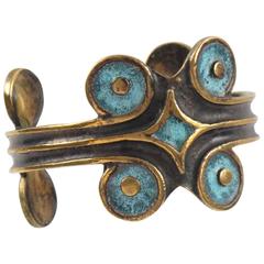 French Mid Century Modernist Bronze Cuff Bracelet Geometric Enamel by St Luc 12