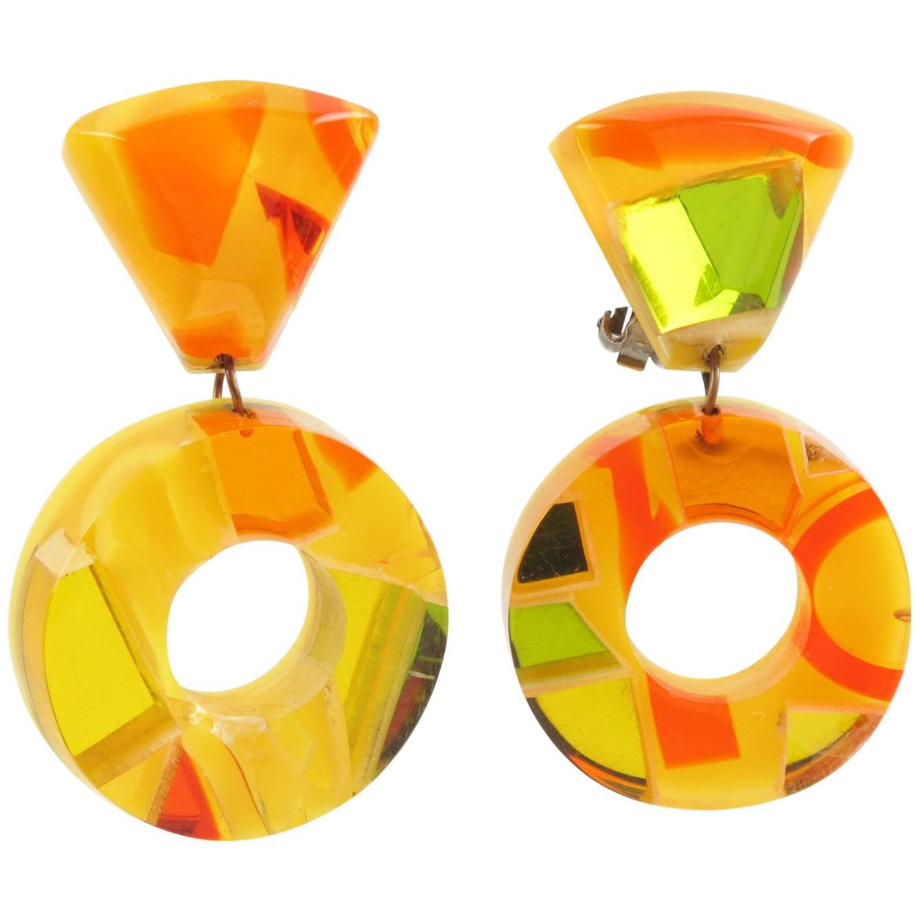 Dangle Loop Lucite Clip on Earrings by Harriet Bauknight for Kaso Sunny Colors