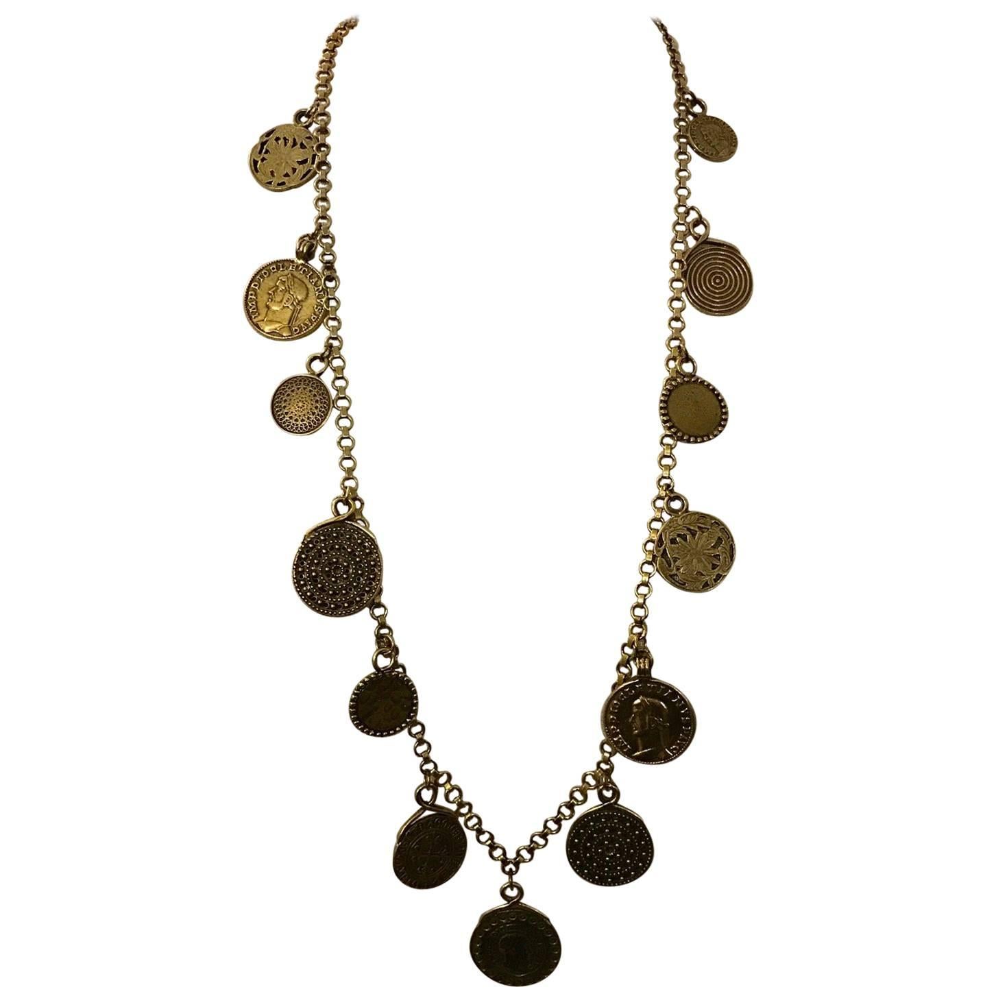 Yves Saint Laurent 1977 Gypsy Coin Medallian Gold Tone Necklace Single Strand