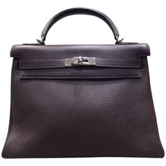 Hermes 32cm Kelly Retourne Bag Chocolate Togo Leather in Palladium Plated 