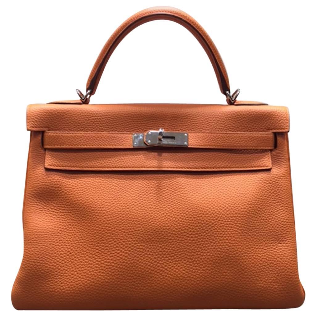 Hermes 32cm Kelly Retourne Bag Orange Togo Leather in Palladium Plated 