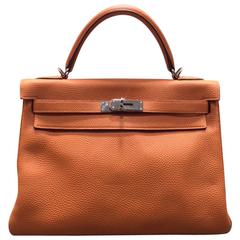 Hermes 32cm Kelly Retourne Bag Orange Togo Leather in Palladium Plated 
