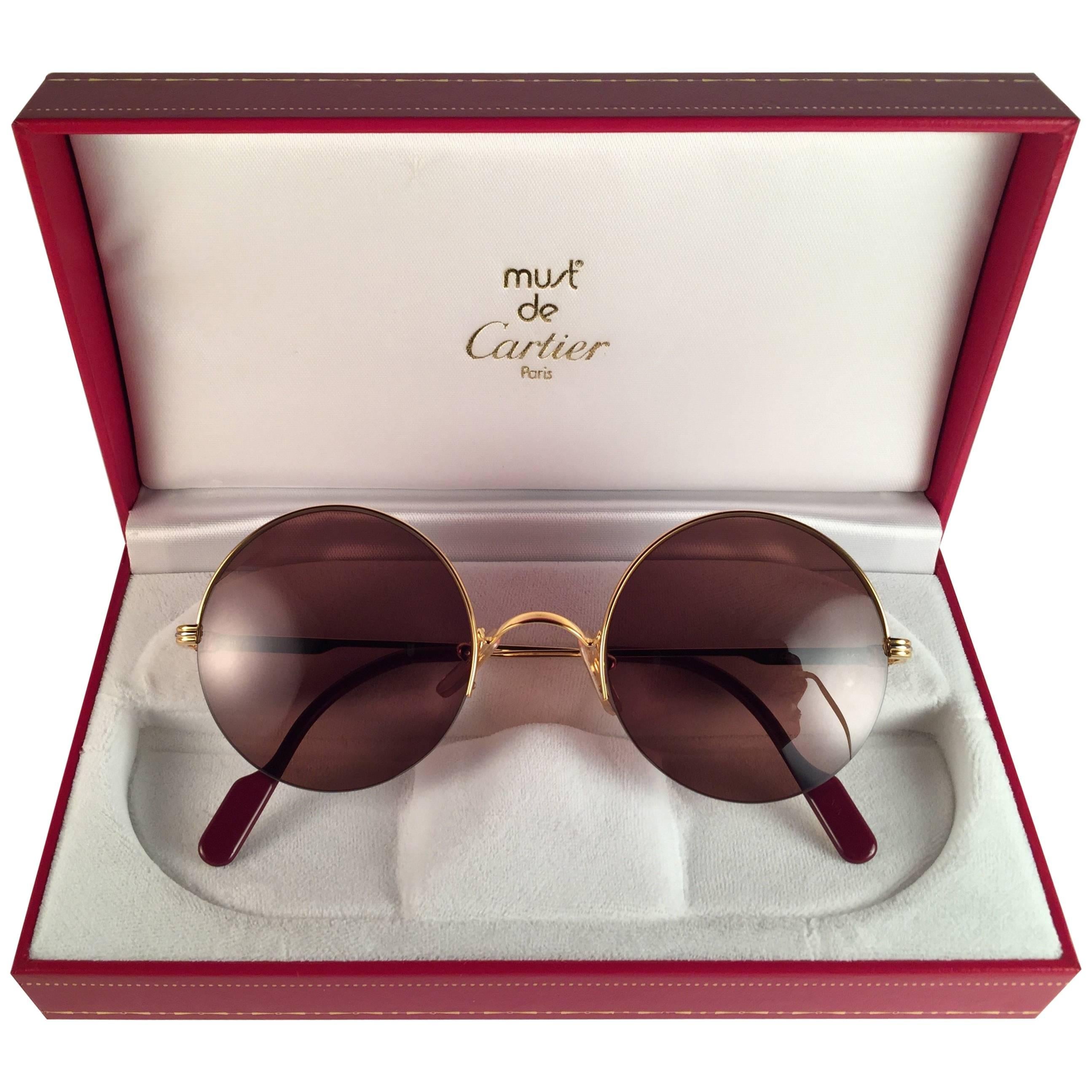 New Cartier Mayfair Round Half Frame Gold 49mm Brown Lens France Sunglasses
