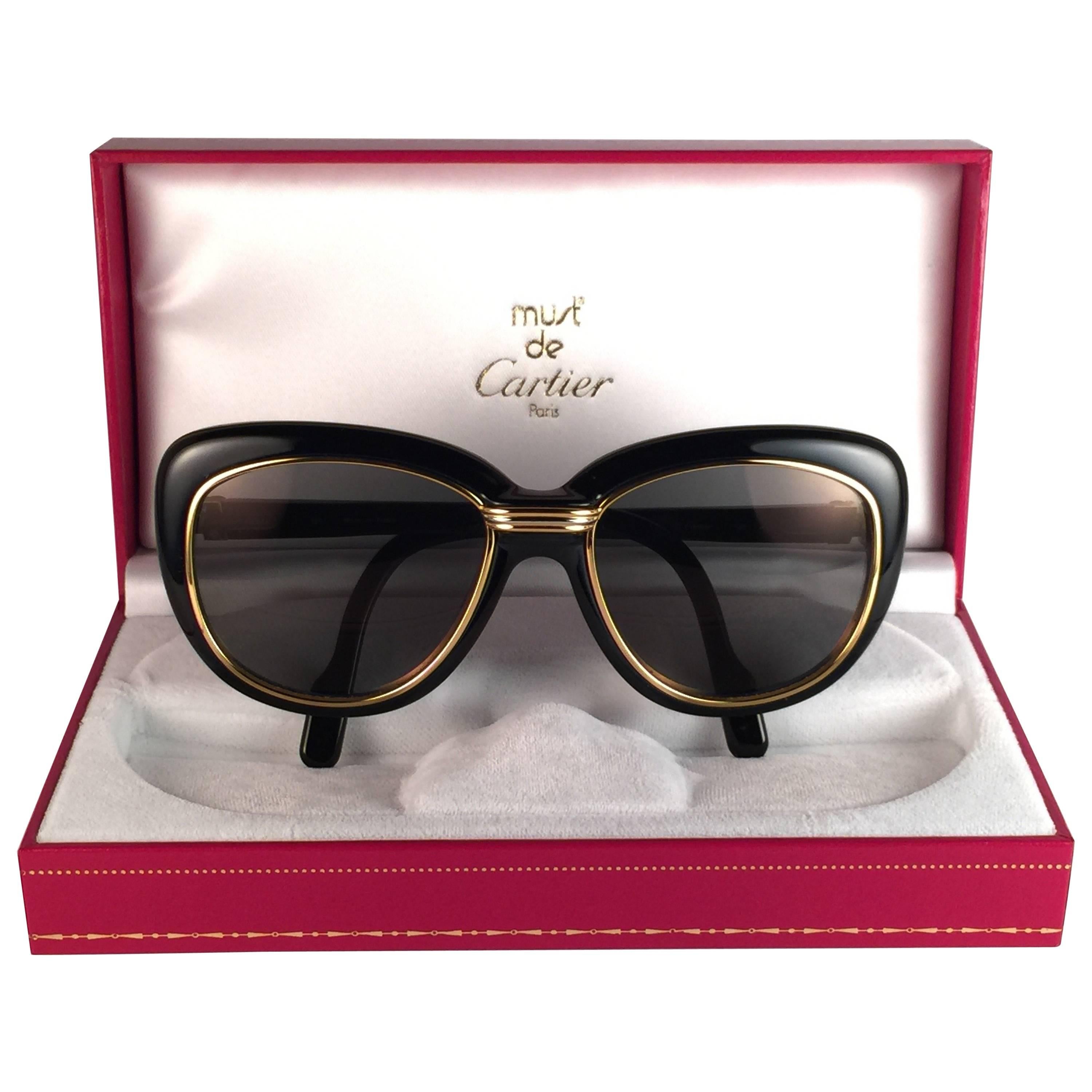 New Vintage Cartier Conquete  57mm Black Gold & Yellow Inserts France Sunglasses