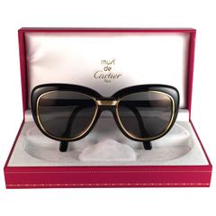 New Vintage Cartier Conquete  57mm Black Gold & Yellow Inserts France Sunglasses