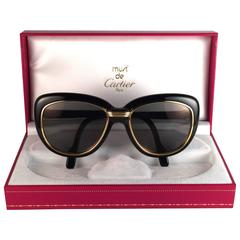 New Vintage Cartier Conquete  57mm Black Gold & Yellow Inserts France Sunglasses