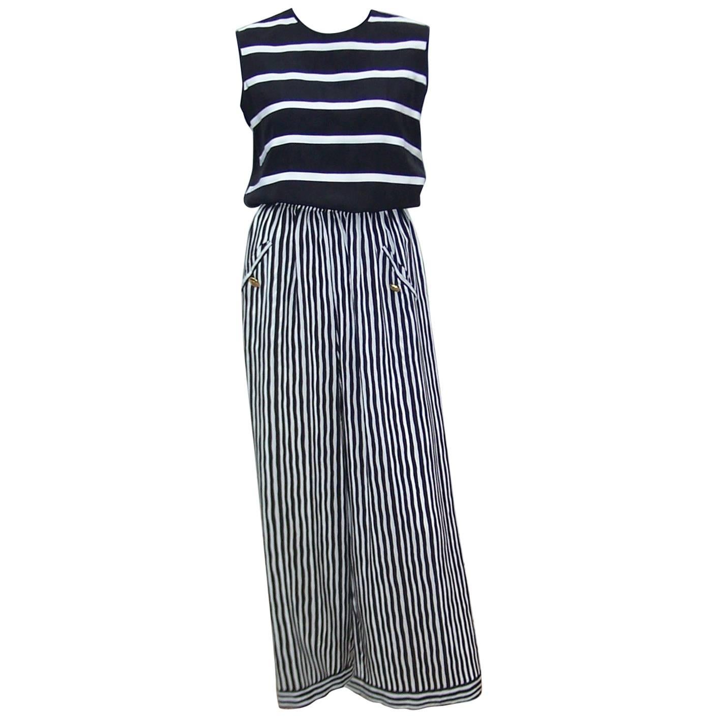 Pajama Style 1970's Adolfo Black & White Silk Stripe Top With Pants For Sale